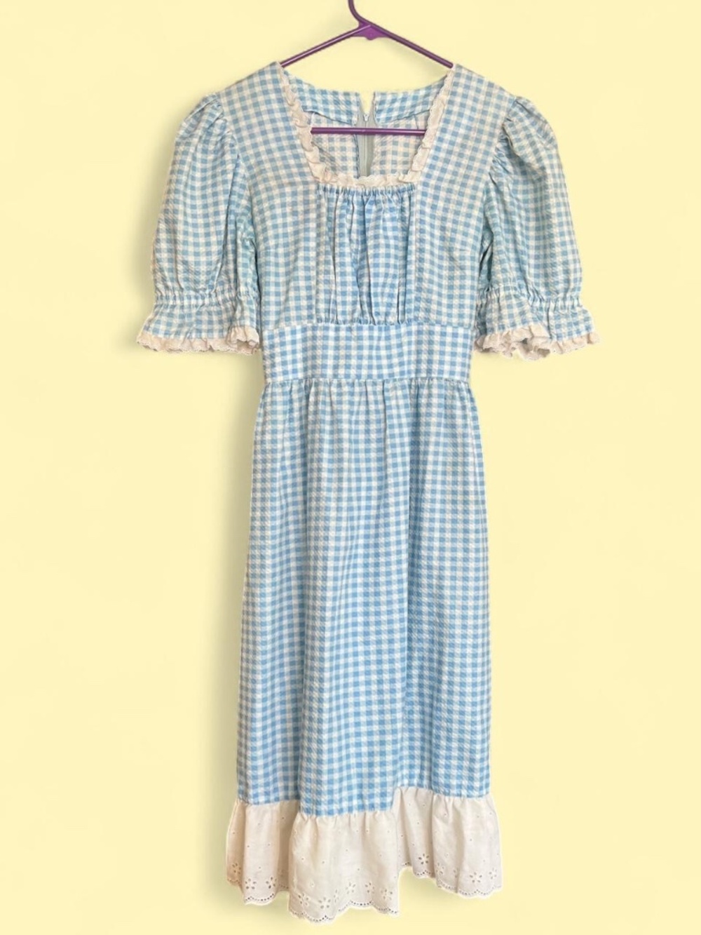Vintage 70s Cottagecore Mini Dress Prairie Gingham Eyelet Lace Cotton Puffy
